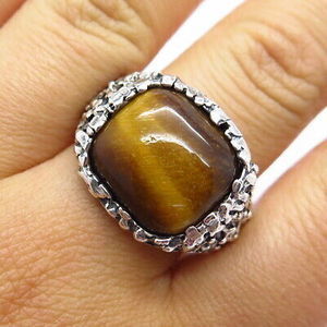 925 Sterling Silver Vintage Real Tiger Eye Gemstone Ring Size 10.5